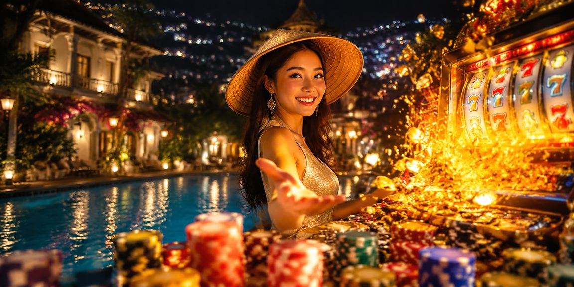 Người chơi slot game tại Đà Lạt đội nón lá trong không khí se lạnh buổi tối
